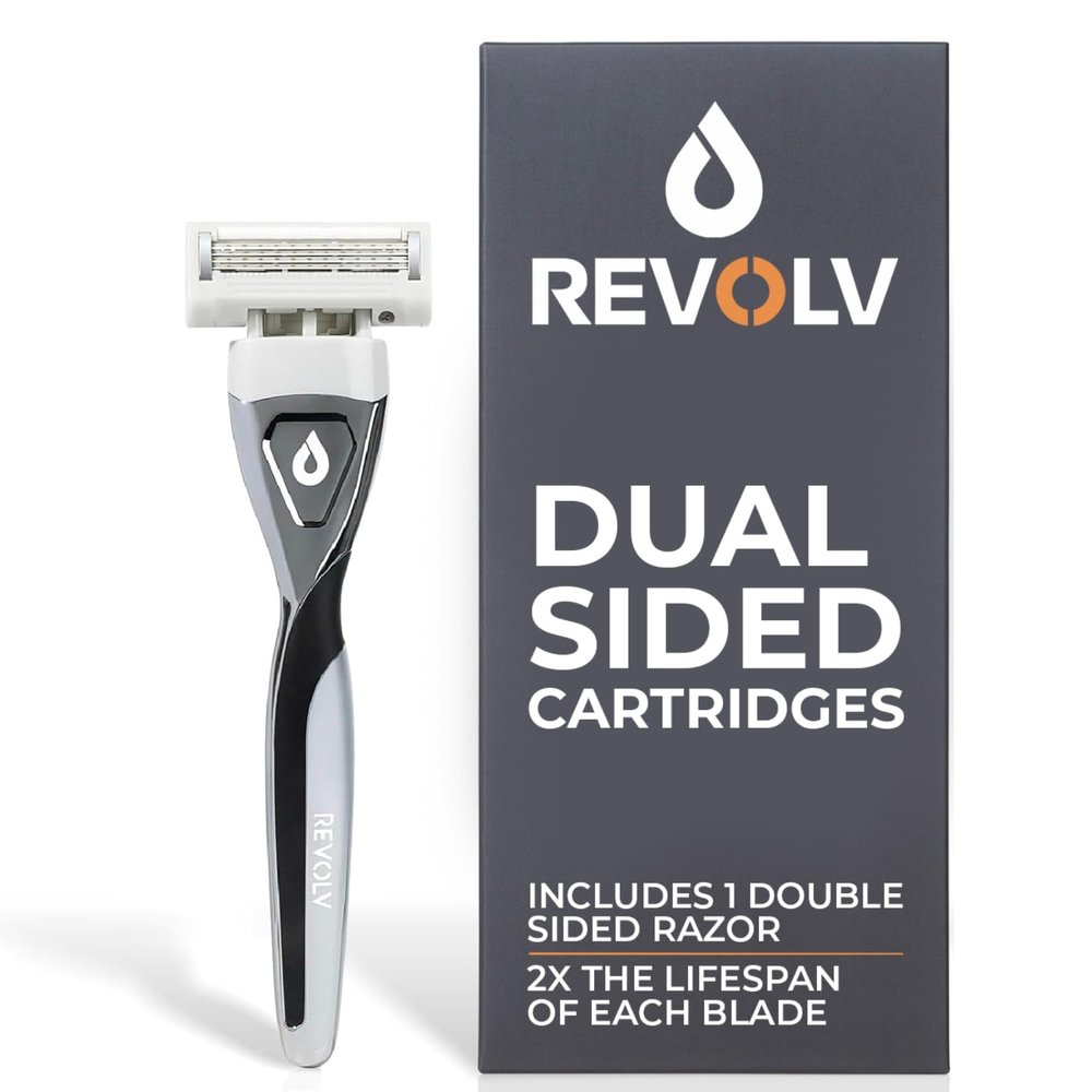 REVOLV - Mens Razor - 1 Premium Weighted Handle + 1 Dual-Sided Cartridge - For a Closer, Smoother Shave - Safe on Sensitive Skin - Black