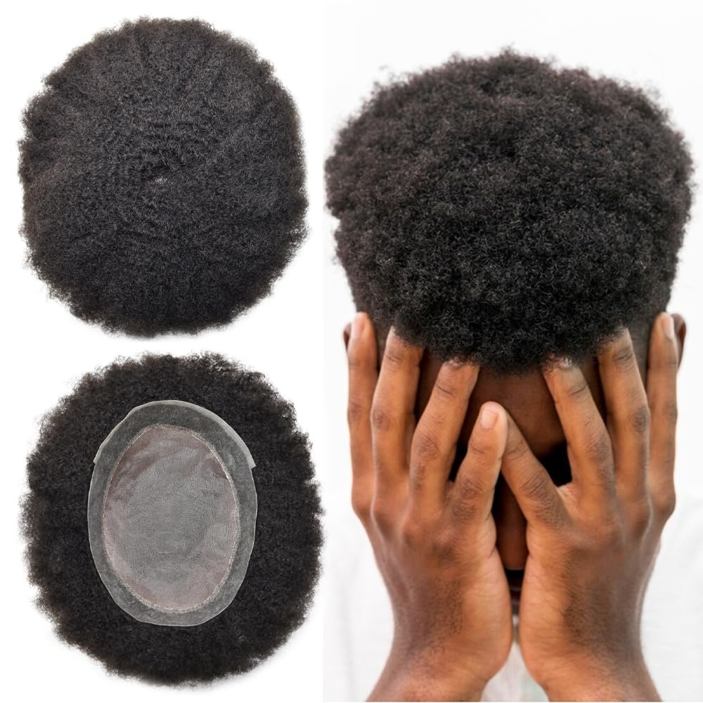 Right Hair Black Men Hair Unit Human Hair Afro Mens Toupee Man Weave Hair Unit Afro Toupee For Black Men Human Hair Black Men Hair Piece Afro Hair System For Men 8X10 2mm #1B Off Black