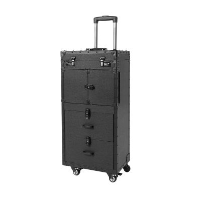 Barber Case Professional Makeup Case Organizer Cosmetic Train Cases, Makeup Train Case Large Cosmetology Rolling Case On Wheels, Hair Stylist Travel Case With Wheels and Hair Dryer Holder (Black)
