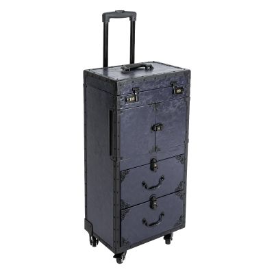 Barber Case Professional Makeup Case Organizer Cosmetic Train Cases, Makeup Train Case Large Cosmetology Rolling Case On Wheels, Hair Stylist Travel Case With Wheels and Hair Dryer Holder (Blue)
