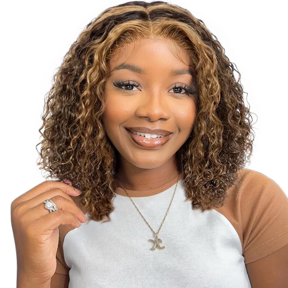 10 Inch P4/27 Highlight Honey Blonde Ombre Deep Wave Short Curly Bob Wig 13x4 HD Lace Front Wigs Human Hair Pre Plucked Frontal Glueless, 180% Density