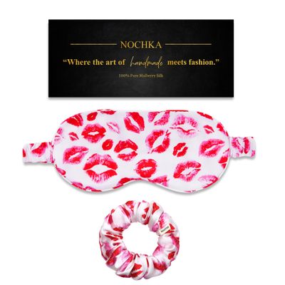 100% Mulberry Silk Sleep Mask Set - Adjustable Eye Mask with Pouch & Scrunchie for Men & Women, Large Size, Total Blackout, Hypoallergenic, Moisture-Wicking, Handcrafted in the USA (Kiss Print Set)