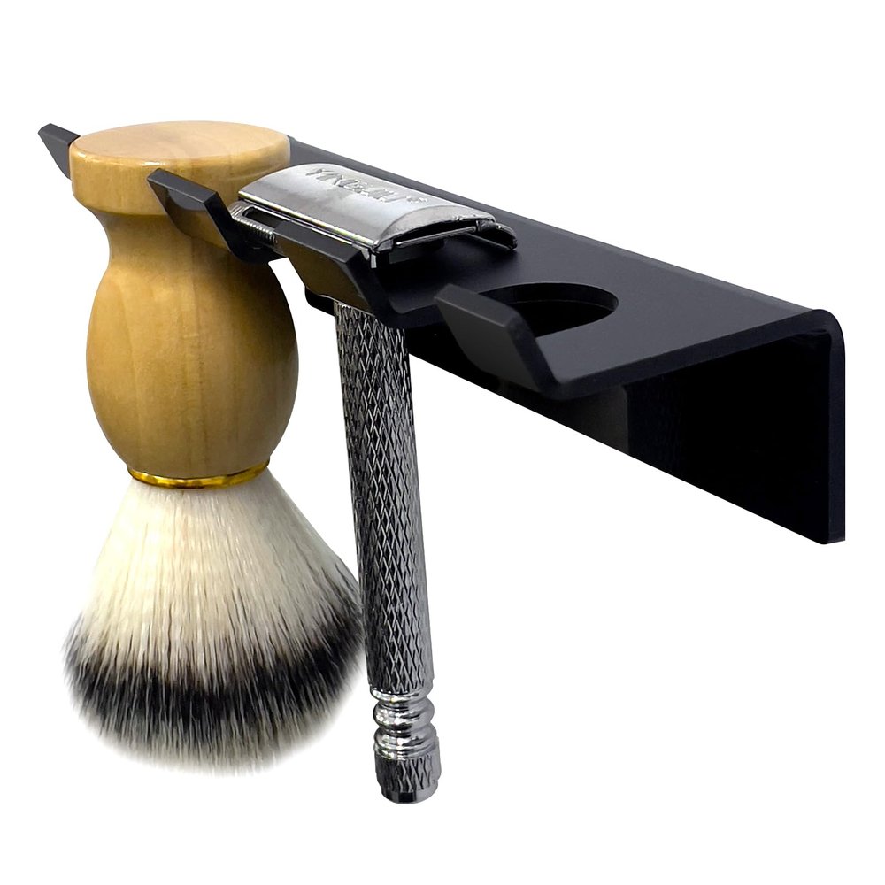 SINNNBLE Acrylic Shower Wall Razor Holder Organizer for Men's Double Edge Safety Razor & Shaving Brush (Black)