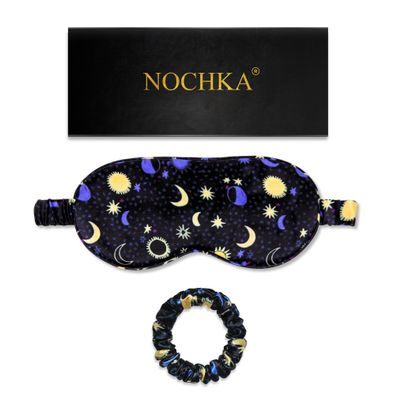 100% Mulberry Silk Sleep Mask Set - Adjustable Eye Mask with Pouch & Scrunchie for Men & Women, Large Size, Total Blackout, Hypoallergenic, Moisture-Wicking, Handcrafted in the USA (Sun and Moon)