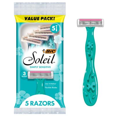 BIC Soleil 3 Simply Women's Disposable 3 Blade Razors, Moisture Strip and Floral Handles, 5-Pack
