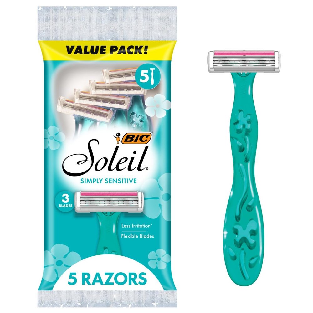 BIC Soleil 3 Simply Women's Disposable 3 Blade Razors, Moisture Strip and Floral Handles, 5-Pack