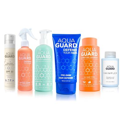 AQUA GUARD Swim Hair Rescue Bundle | Pre-Swim Protection & Post-Swim Repair Kit | Includes Hair Defense, Shampoo, Conditioner, Detangler, Hair Mask & SPF Skin Defense | Chlorine Care For Swimmers