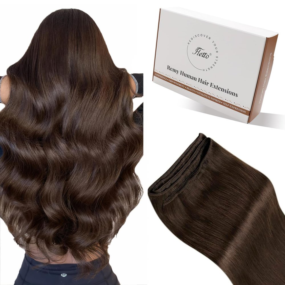 Hetto Sew in Hair Extensions Real Human Hair Brown Weft Human Hair Extensions Brown Invisible Sew in Human Hair Extension Double Weft 20 Inch 100G