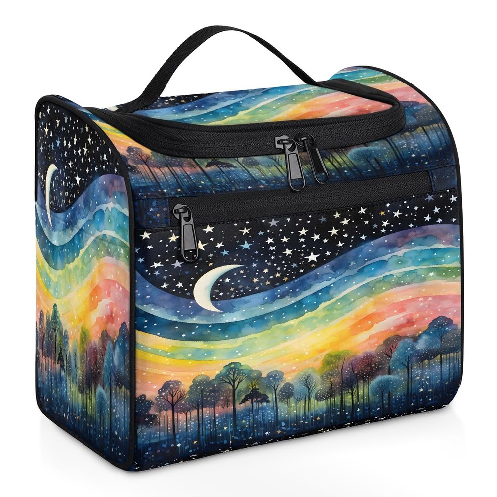 YPPAHHHH Makeup Organizer Bag Rainbow Stripe Moon Star Painting Large Cosmetic Bag for Women Men Hanging Makeup Case with Handle, Double Zipper Cosmetic Case for Travel Vacations Gift