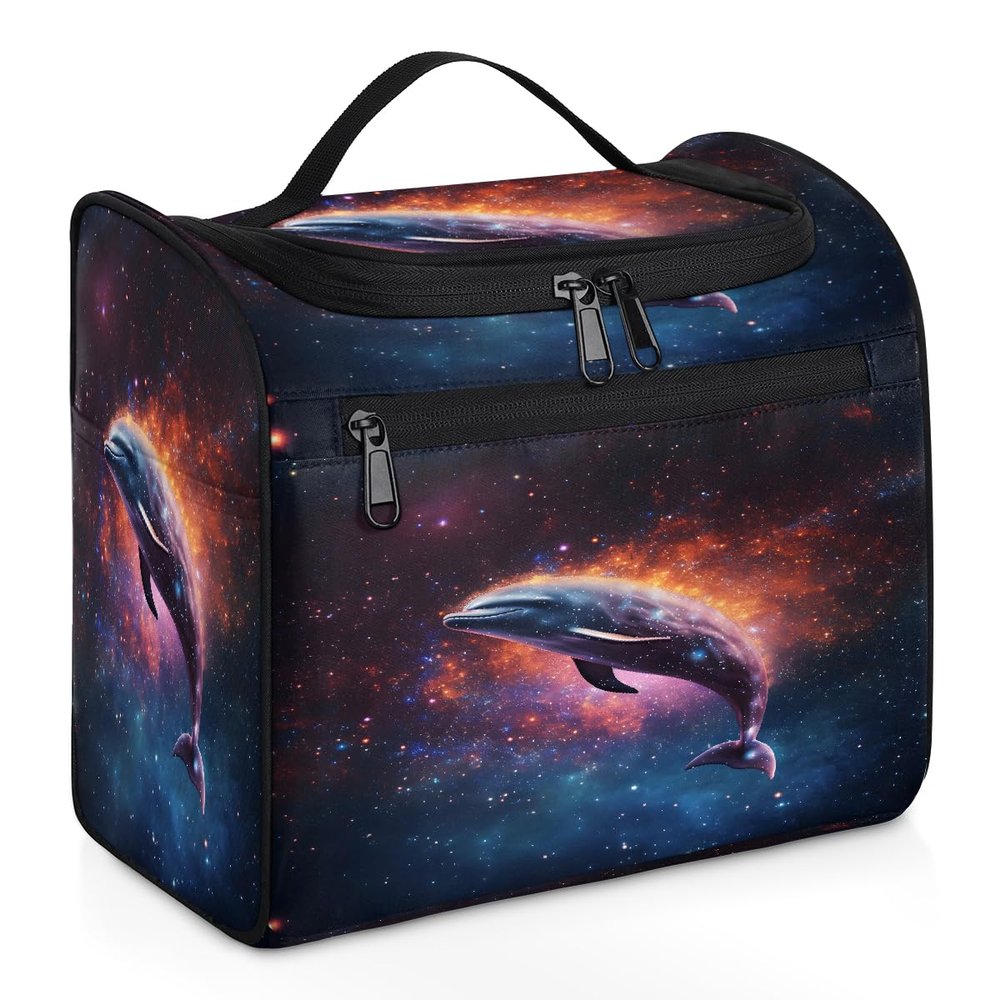 YPPAHHHH Makeup Organizer Bag Galaxy Dolphin Large Cosmetic Bag for Women Men Hanging Makeup Case with Handle, Double Zipper Cosmetic Case for Travel Vacations Gift