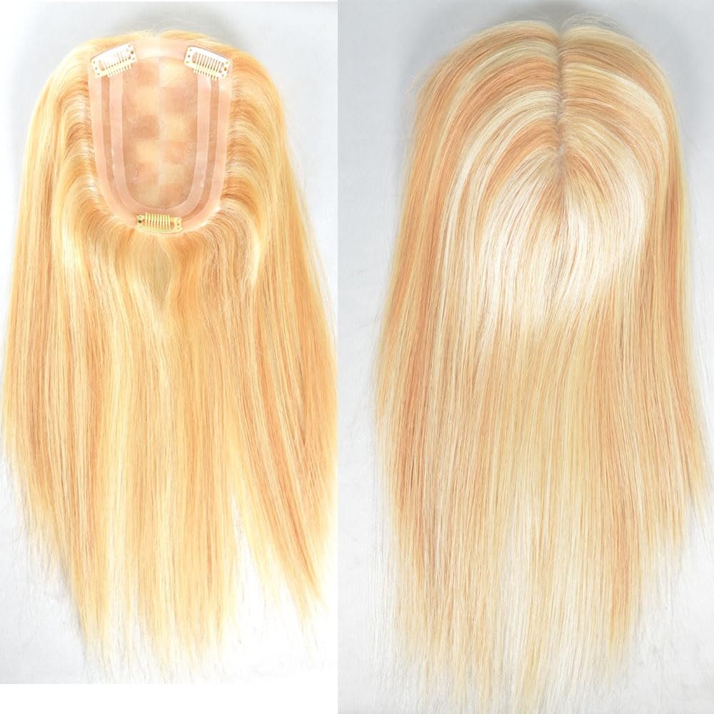 14 Inch Long Hair Toppers for Women,100% Remy Human Hair 4x6 Inch Mono net with PU around with 3 Non-slip Clips,Human Hair Hairpieces for Women with Hair Loss (#27AP#613 color)