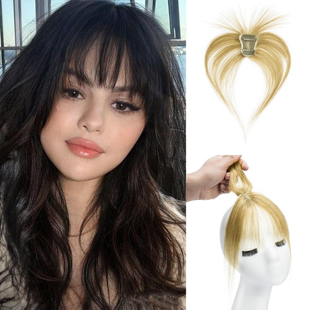 100% Real Human Hair Toppers with Bangs 360 3D Coverage Clip in Bangs for Women Bangs Hair Clip with Fringe Hairpieces for Daily Wear Dark Blonde
