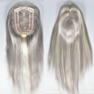 14 Inch Long Hair Toppers for Women,100% Remy Human Hair 4x6 Inch Mono net with PU around with 3 Non-slip Clips,Human Hair Hairpieces for Women with Hair Loss (#GreyH#613 color)