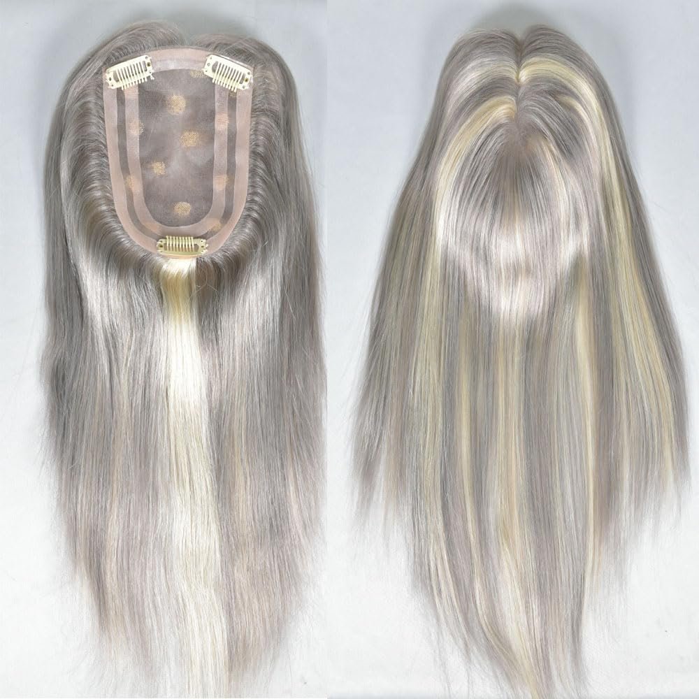 14 Inch Long Hair Toppers for Women,100% Remy Human Hair 4x6 Inch Mono net with PU around with 3 Non-slip Clips,Human Hair Hairpieces for Women with Hair Loss (#GreyH#613 color)