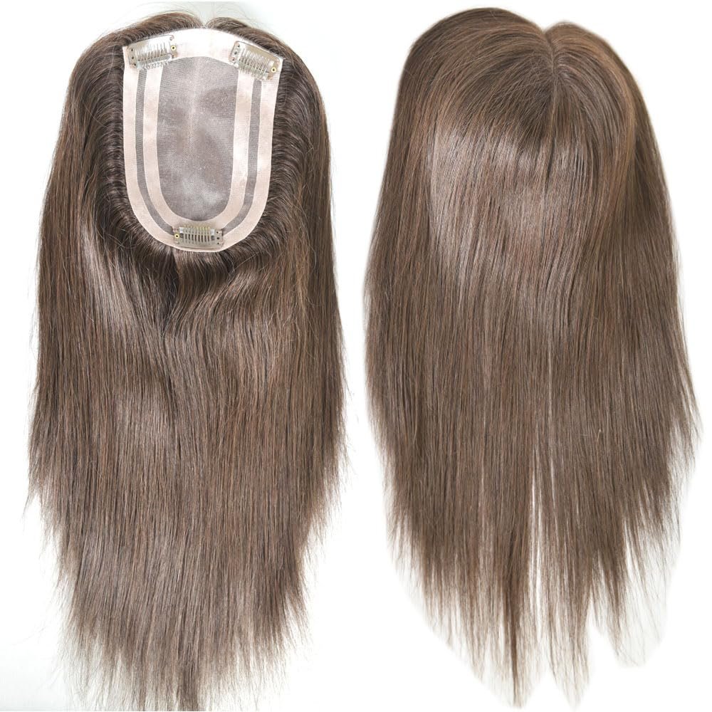 14 Inch Long Hair Toppers for Women,100% Remy Human Hair 4x6 Inch Mono net with PU around with 3 Non-slip Clips,Human Hair Hairpieces for Women with Hair Loss (#3 color)