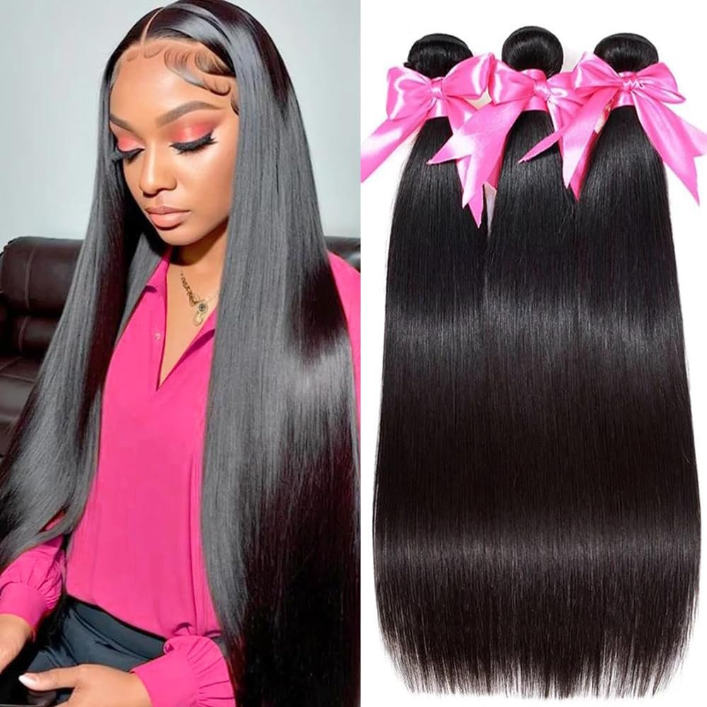 10A Brazilian Straight Human Hair 3 Bundles 14 16 18 Inch Straight Bundles Human Hair 100% Unprocessed Virgin Hair Weave Bundles Deals Hair 1B Black