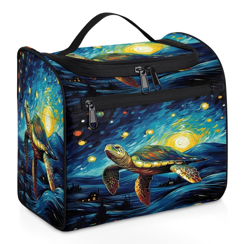 JXDXHCW Toiletry Bag with Hanging Hook Makeup Bag Sea Turtle Oil Paiting Starry Night Cosmetic Case Travel Organizer for Women Men Traveling Wash Bag