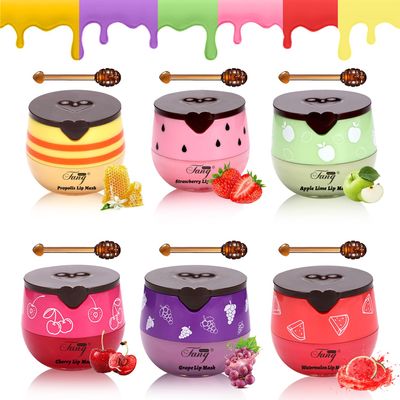 6 PCS Bee Lip Balm Honey Pot, Honey Strawberry Watermelon Apple Vanilla Peach Bee Lip Balm Sleeping Lip Mask Overnight with Sticks, Honey Pot Lip Balm Exfoliating Prevention Dry and Crack Lip Scrubs