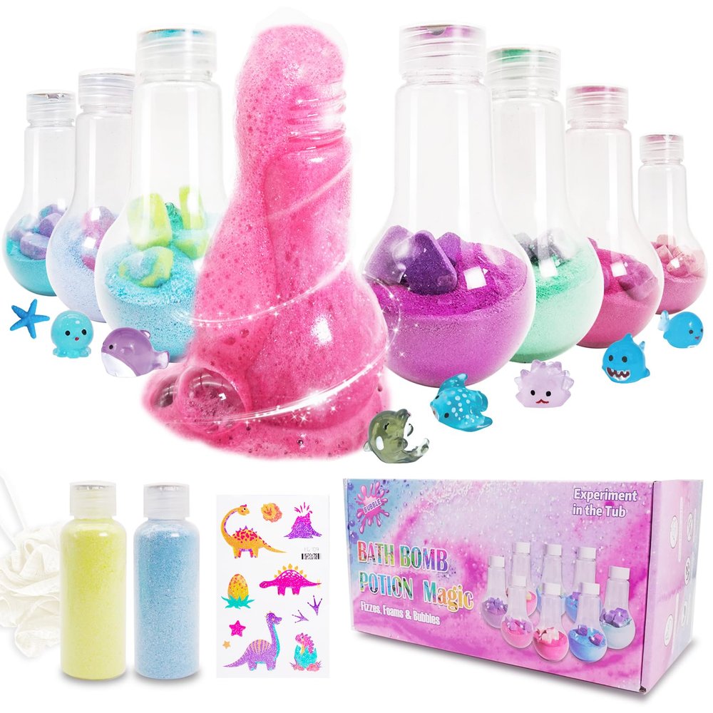 Magic Potion Maker Kit for Kids Ages 4-8 | 8-Pack Bath Toys with Hidden Mini Toys & 2 Refills | STEM Bubble Bath Bomb Set, Fun Educational Bath Time Activity