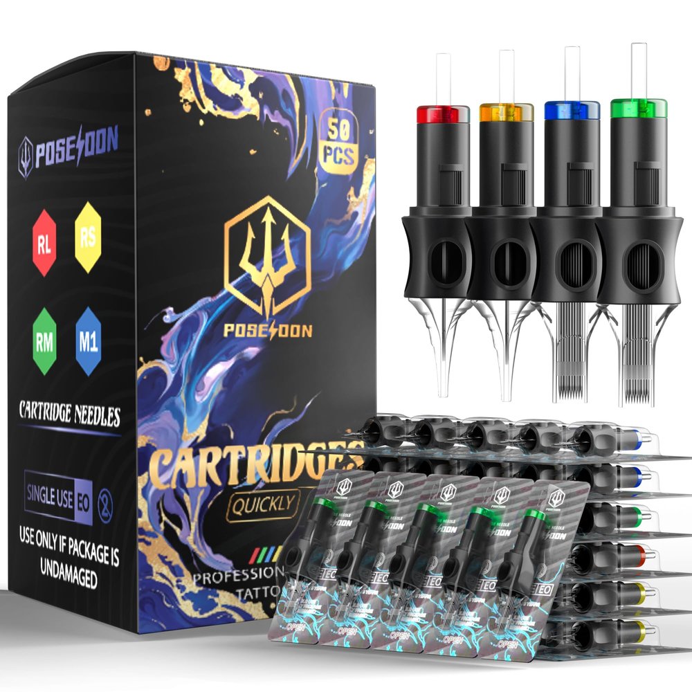Poseidon 50PCS Tattoo Cartridge Needles Assorted Mixed Size #12 Round Liner - 1203RL 1205RL 1207RL 1209RL 1211RL with Membrane Professional Disposable Tattoo Needles