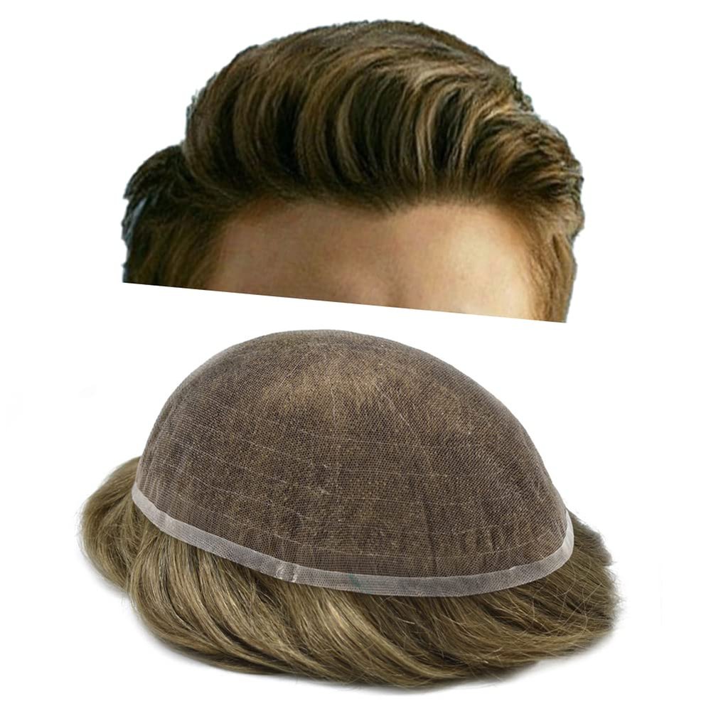 Mens Toupee for men Human Hair Replacement System for men Transparent French Lace mens Hair Pieces All Lace Man Hair Unit Wigs for men 6"x8" #7ASH Light Ash Brown-80% Light Density