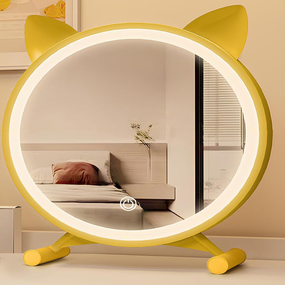30cm/11.8in 40cm/15.7in Standing Makeup Table Mirror with Lights Rotatable Cosmetic Mirror Cute Cat Ears/ 3-Color Stepless Dimming/HD Desk Mirror(Gold,40cm/15.7in)
