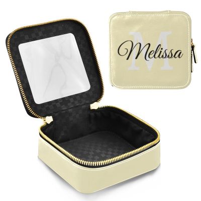 Emelivor Light Yellow Personalized Clear Makeup Bag for Women Custom Cosmetic Bag with Zippers Travel Make Up Organizer PU Leather Makeup Pouch Toiletry Bag for Women Girls