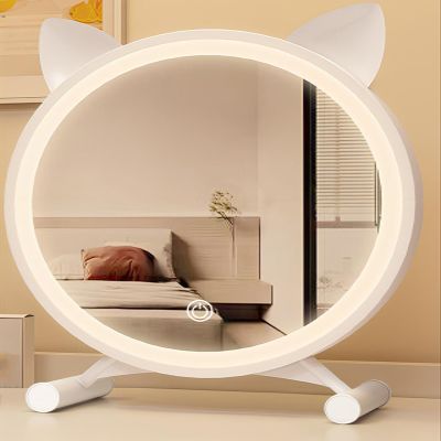 30cm/11.8in 40cm/15.7in Standing Makeup Table Mirror with Lights Rotatable Cosmetic Mirror Cute Cat Ears/ 3-Color Stepless Dimming/HD Desk Mirror(White,40cm/15.7in)