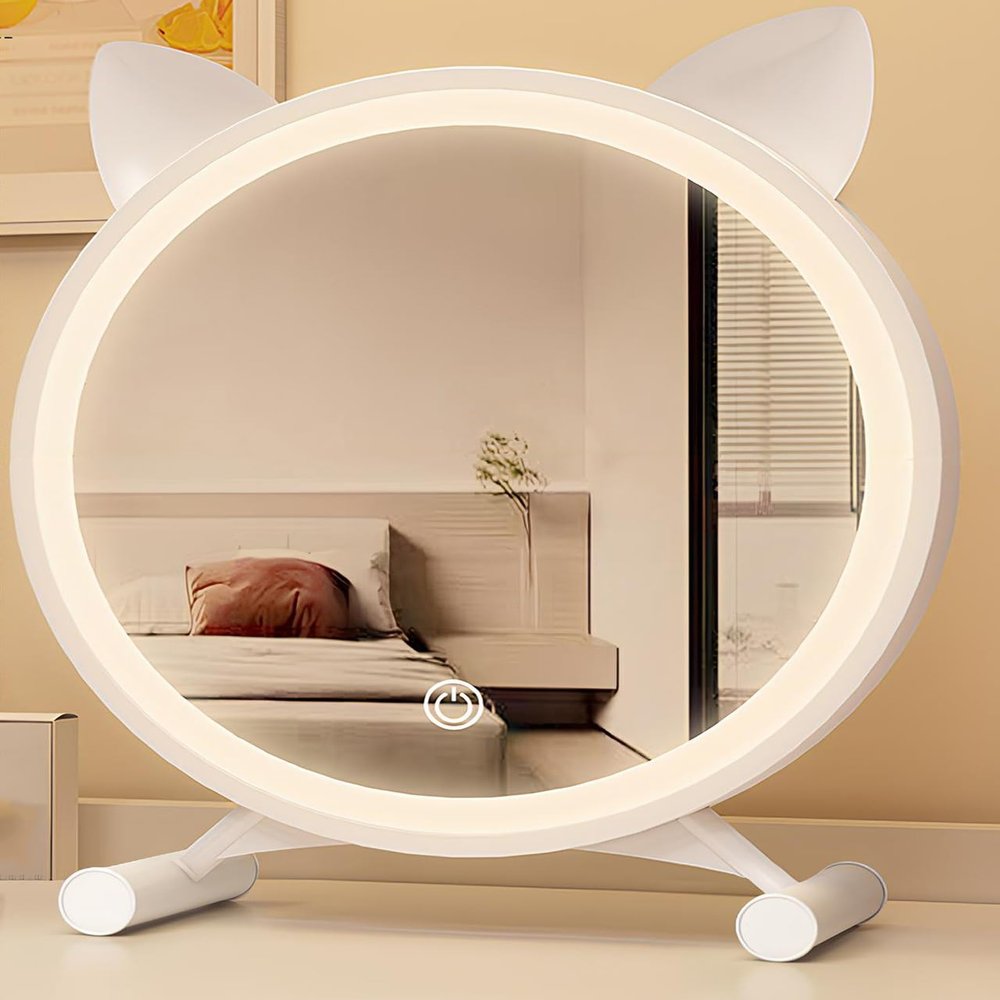 30cm/11.8in 40cm/15.7in Standing Makeup Table Mirror with Lights Rotatable Cosmetic Mirror Cute Cat Ears/ 3-Color Stepless Dimming/HD Desk Mirror(White,40cm/15.7in)