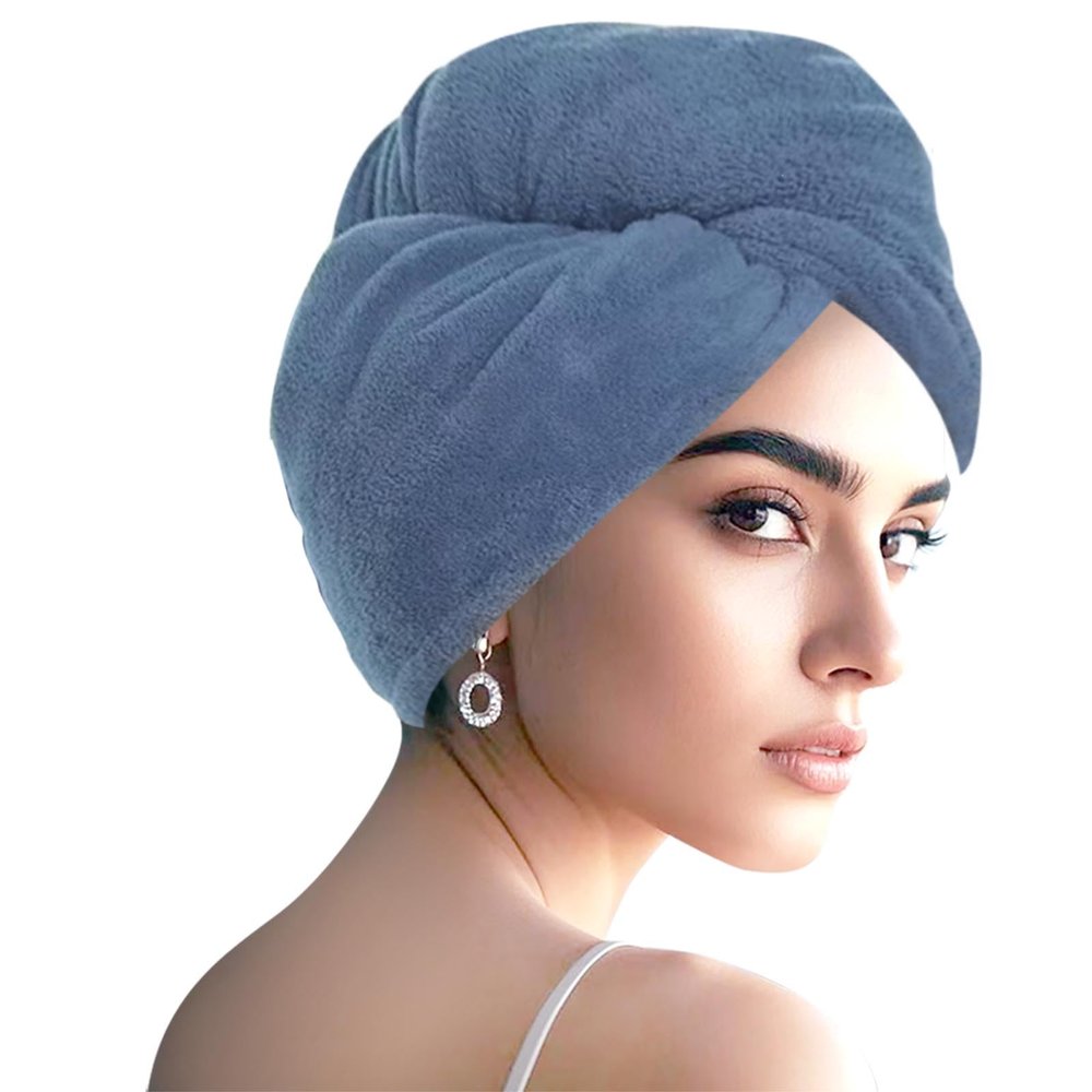 AGKXHDEC 1 Pack Double Layer Microfiber Towel, Hair Turbans for Wet Hair, Drying Hair Wrap for Women(Dark Blue)