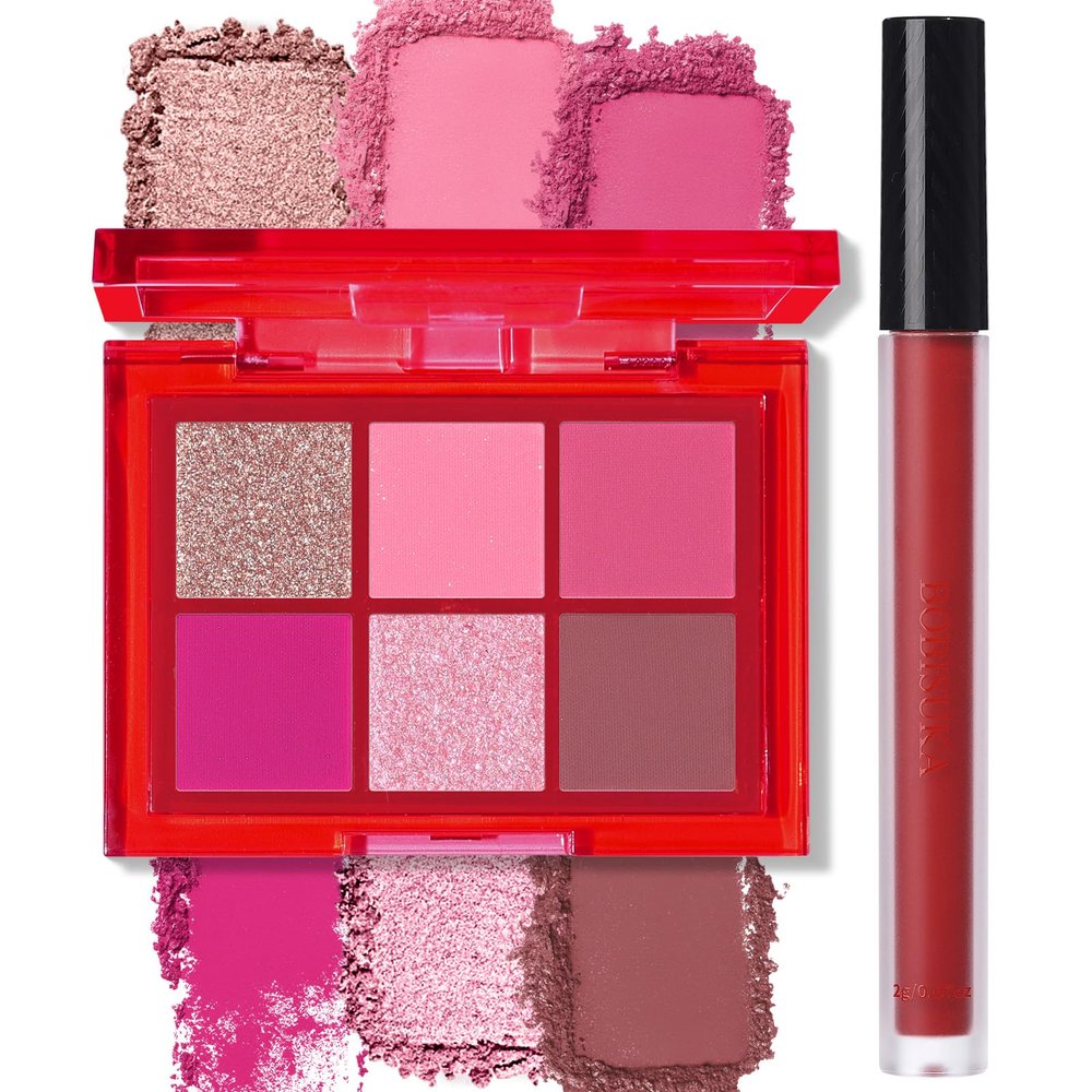 BOBISUKA Eyeshadow + Matte Lipstick Makeup Kit, 6 Colors Pink Rose Plum Shimmer Matte Gold Metallic Eye Shadow Pallet with Red Liquid Lipstick Makeup Set for Halloween, Daily,Parties, Concert