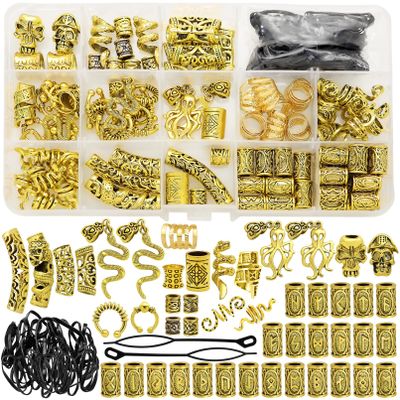 207 Pcs Viking Hair Clips Beads Nordic Runes Tube Beard Bead Braided Clips Hair Charms,Locs Rings Jewelry Hair Dreadlock Accessories Kit for Men Women Vintage Golden