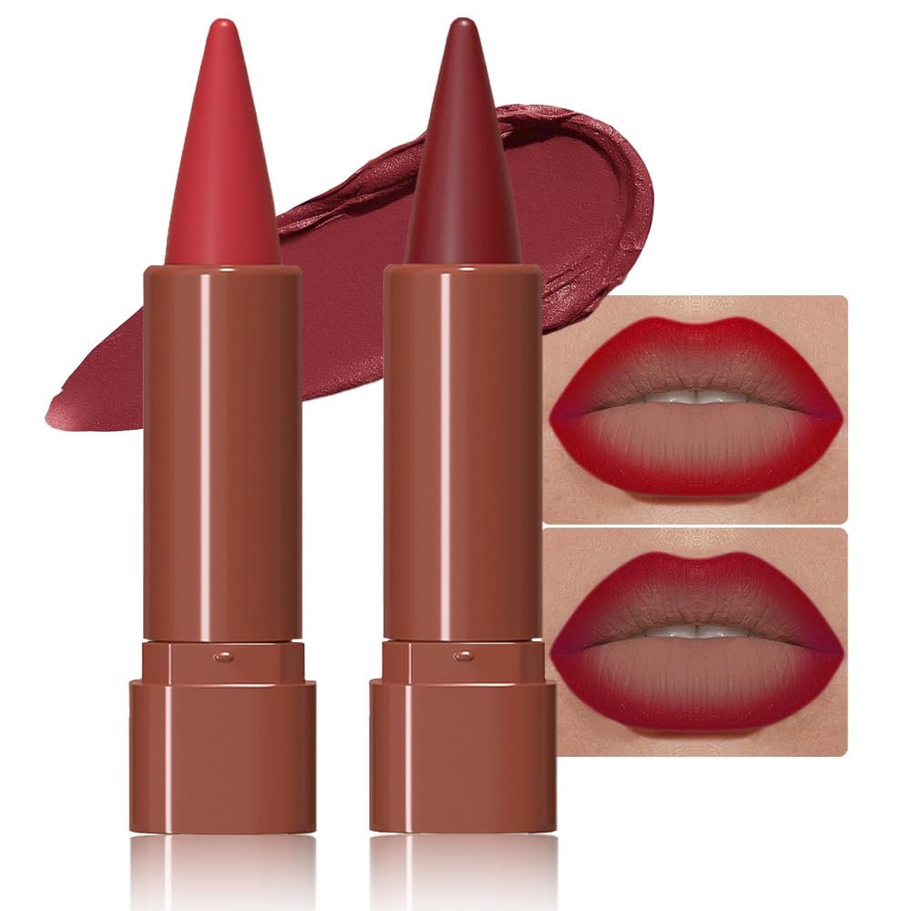 JUAAZIN 2Pcs Gradient Matte Lipstick Crayon Lip Liner pencil, Flawless Contour Gradual Ombre Effect lip Pencil, for Women Long Lasting Waterproof Smudge Proof Lipstick Pencil 06#+07#