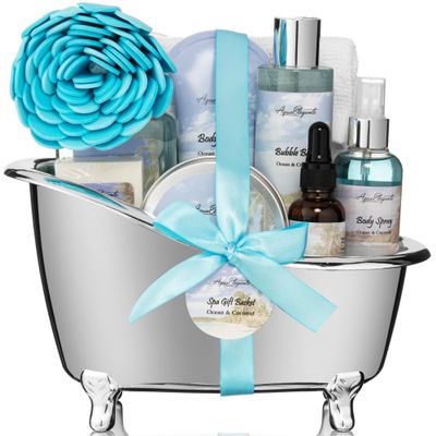 Spa Gift Baskets For Women - Luxury Bath Set With Ocean & Coconut - Spa Kit Includes Body Wash, Bubble Bath, Lotion, Body Butter, Soap, Bath Oil, Shower Puff, and Towel