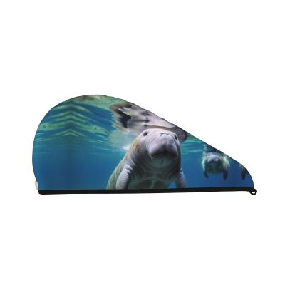 STVYUKL Ocean Animal Manatee Hair Drying Cap Super Absorbent Soft Hair Drying Towel Quick Dry Coral Velvet Drying Hair Caps Hair Turban for Women Wet Hair Long Thick Hair