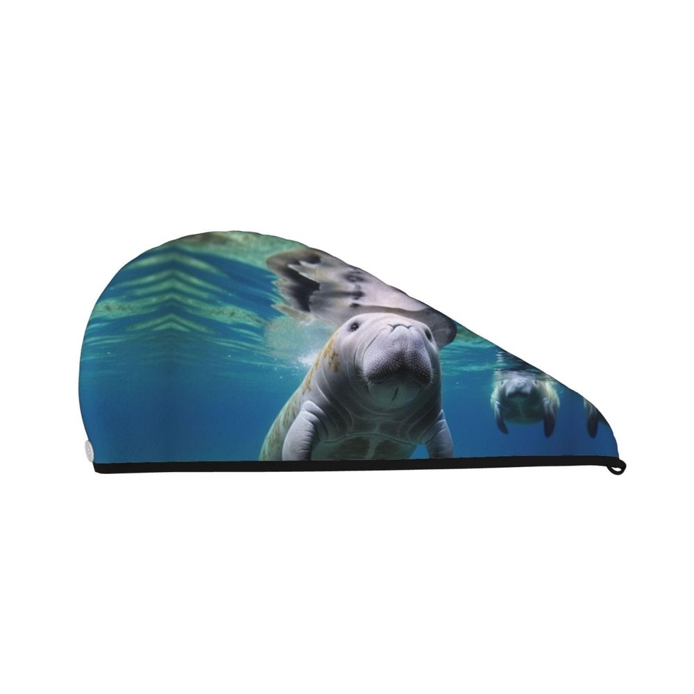 STVYUKL Ocean Animal Manatee Hair Drying Cap Super Absorbent Soft Hair Drying Towel Quick Dry Coral Velvet Drying Hair Caps Hair Turban for Women Wet Hair Long Thick Hair