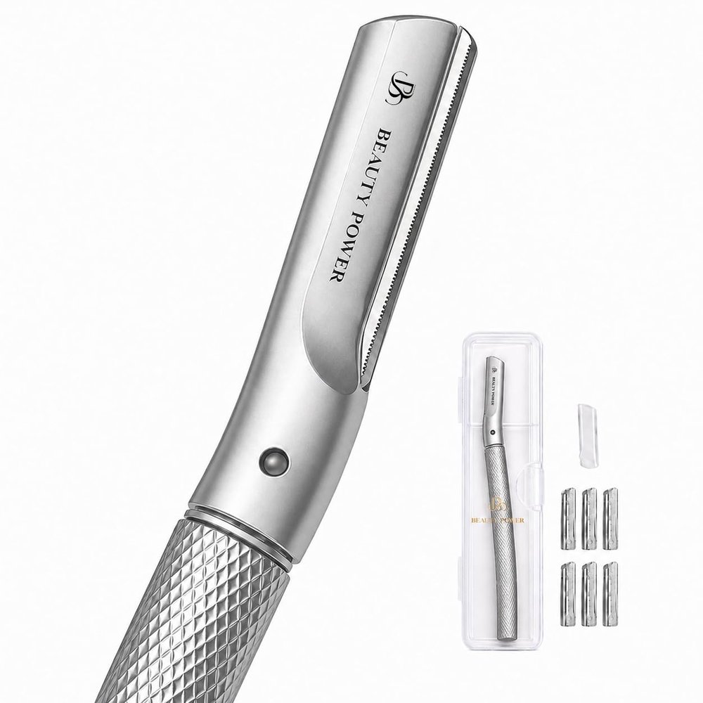 Beauty Power Eyebrow Razor with 6 Blades & Travel Case Face Razors for Women & Men, Eyebrow Trimmer Shaper with Precision Cover, Facial Shaver & Dermaplaning Tool for Smooth Skin - Gift Idea - Gray