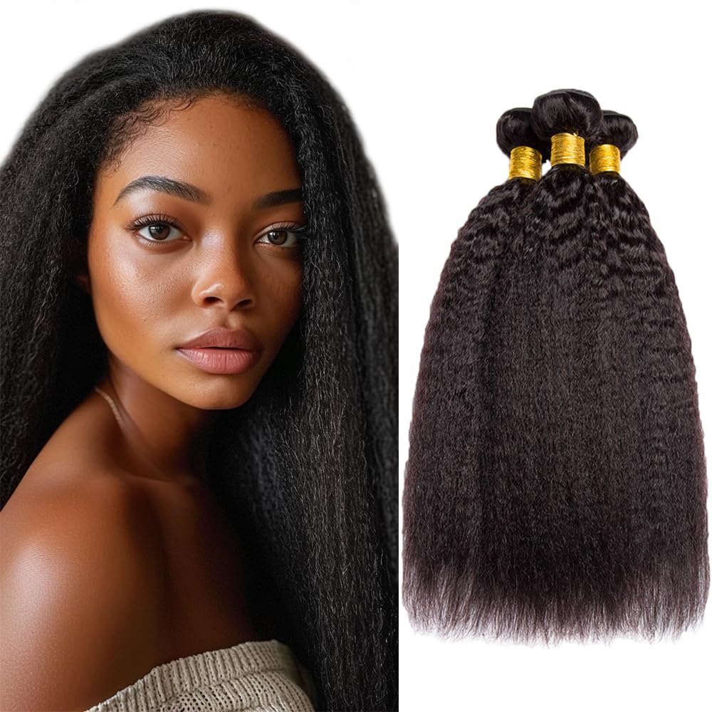 Yaki Bundles Human Hair Natural Black Yaki Kinkys Human Hair Bundles 24 26 28 Inch Hair Weave Double Weft Unprocessed Brazilian Remy Hair Extensions