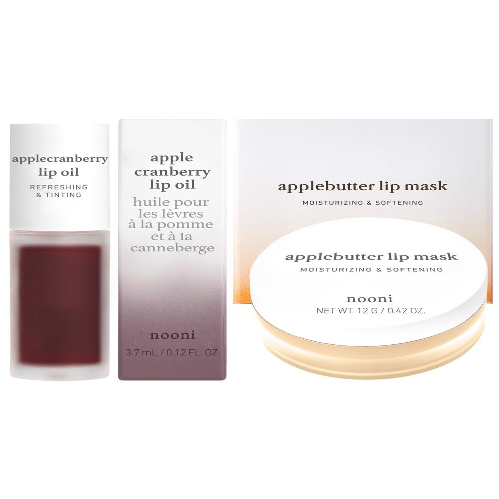 NOONI Korean Vegan Lip Oil - Applecranberry, 0.12 Fl oz + Korean Lip Butter Melting Balm (Applebutter) Lip Mask Bundle