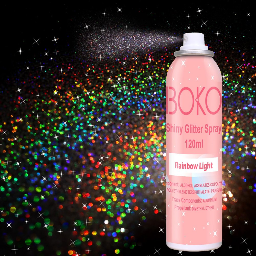 Boko Body Glitter Spray, 120ML Holographic Silver Shiny Glitter Spray for Body Hair Clothes, Quick-Drying and Long-Lasting Body Shiny Glitter Hairspray for Festival Party Concert Rave Accessories