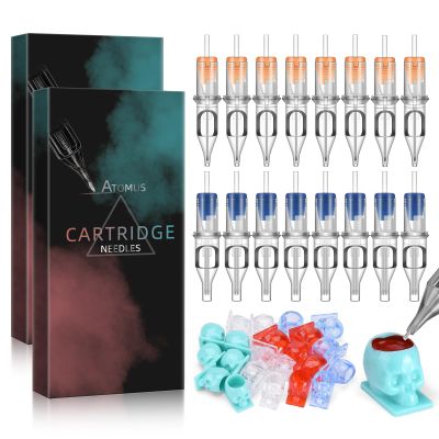 ATOMUS 20pcs Tattoo Cartridge Needles with 20pcs Silicone Ink Cups Size #10 RL RS RM M1 Round Liner Tattoo Needles for Tattoo Gun Pen Liner Pattern (7RS+9RS+7M1+9M1)