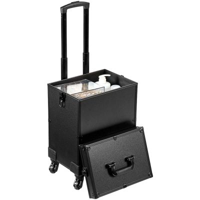 Happybuy 5-in-1 Professional Makeup Train Case, Aluminum Cosmetic Trolley, Extra-Large Rolling Travel Organizer with 360 Swivel Wheels & Adjustable Pull Rod, Black