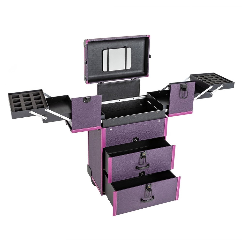 3 in 1 Rolling Makeup Train Case Lockable Portable Cosmetic Organizer, Travel Trolley Organizer Box Large Rolling Nail Case Wheeled Manicure Storage Case Polish Organizer with Wheels, Purple