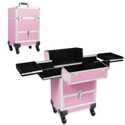 Kreiaoer Rolling Makeup Train Case Professional Makeup Case Large Storage Cosmetic Trolley with Lockable Drawers Salon Barber Case Traveling Cart Trunk for Cosmetologist Nail Tech Hairstylist (Pink)