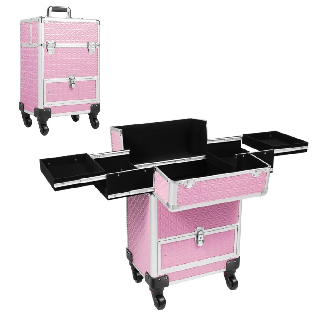 Kreiaoer Rolling Makeup Train Case Professional Makeup Case Large Storage Cosmetic Trolley with Lockable Drawers Salon Barber Case Traveling Cart Trunk for Cosmetologist Nail Tech Hairstylist (Pink)
