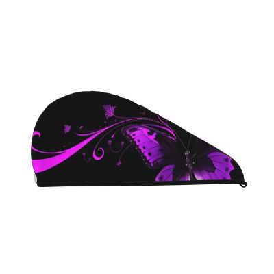 GDSHJKLW Purple and Black Butterfly Drying Hair Caps Super Absorbent Soft Hair Drying Towel Quick Dry Coral Velvet Hair Drying Cap Hair Turban for Women Wet Hair Long Thick Hair