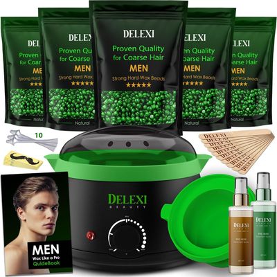 DELEXI Mens Waxing Kit for Coarse Back & Chest Hair  New Heavy-Duty Edition  Home Waxing System for Couples & Male Grooming  Includes Analog Warmer & Precision Tools for Beard & Brows