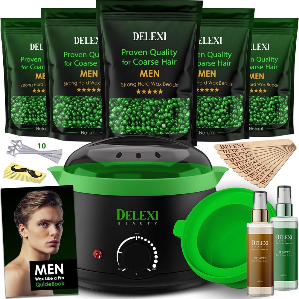 DELEXI Mens Waxing Kit for Coarse Back & Chest Hair  New Heavy-Duty Edition  Home Waxing System for Couples & Male Grooming  Includes Analog Warmer & Precision Tools for Beard & Brows