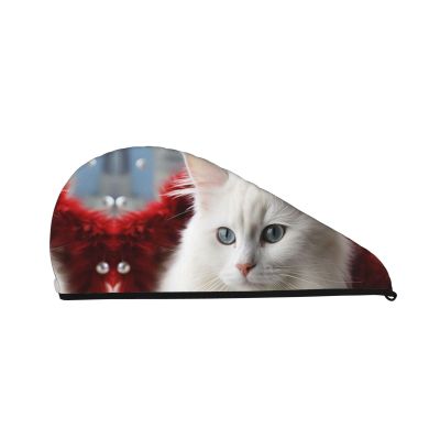 STVYUKL Cute White Cat Hair Drying Cap Super Absorbent Soft Hair Drying Towel Quick Dry Coral Velvet Drying Hair Caps Hair Turban for Women Wet Hair Long Thick Hair
