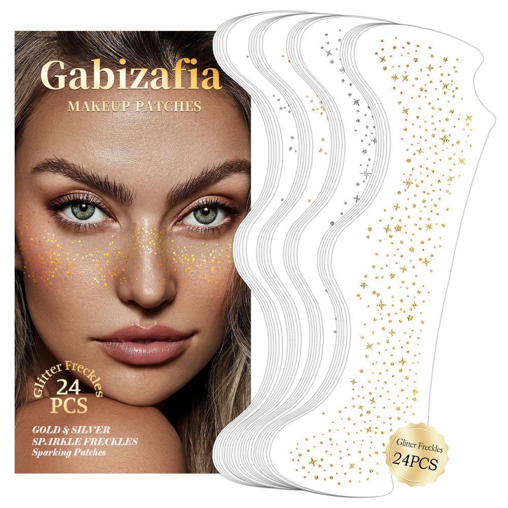 24 PCS Glitter Freckles Face Tattoos, Gold Silver Face Makeup Speckle Patches Freckles, Halloween Tattoos Cosplay Party Makeup Accessories for Women Girl Kids, Cosmetic Glitter for Face